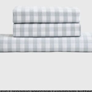 Quince Organic Cotton Percale Gingham Fitted Sheet Set In Blue Fog, Queen, NEW